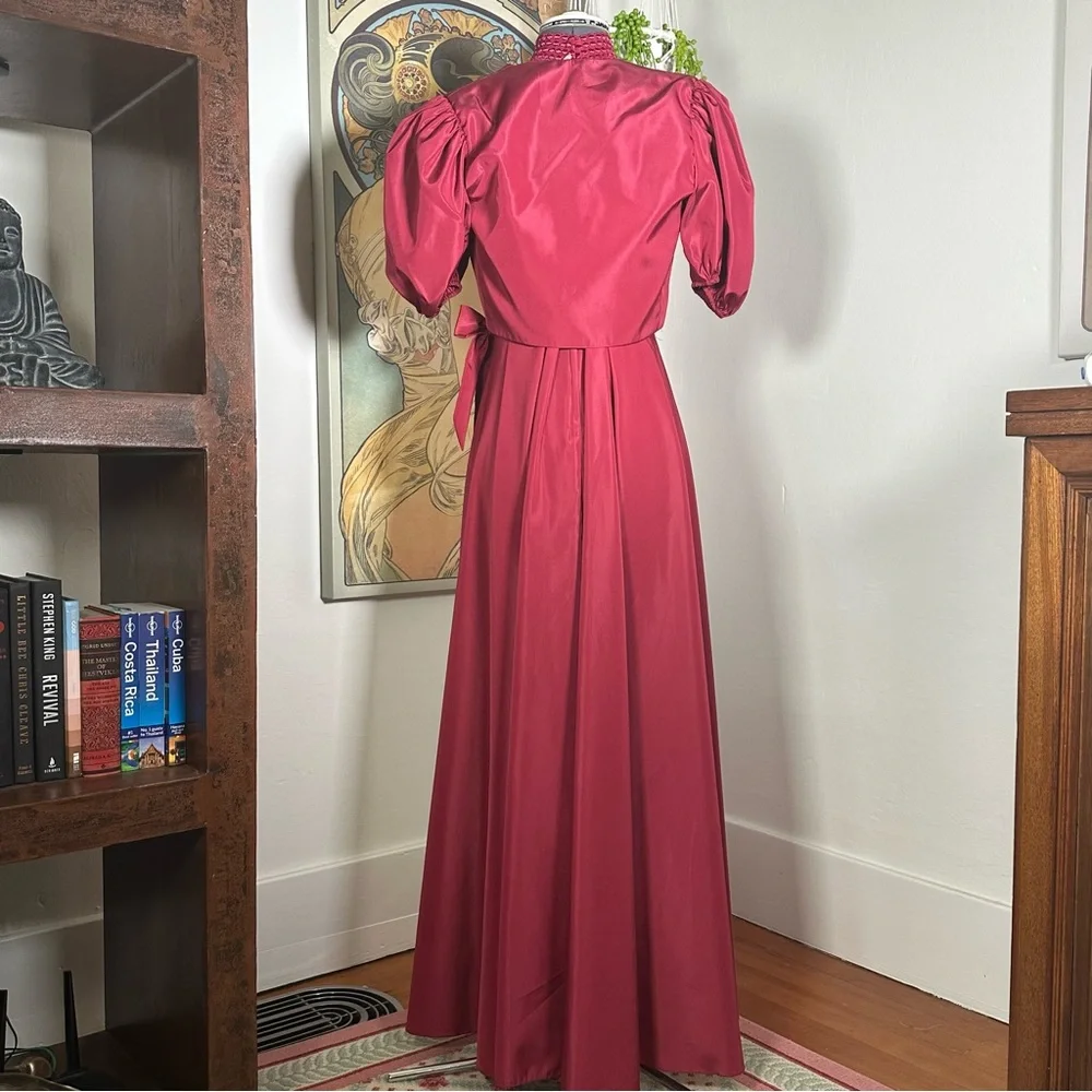 Vintage Burgundy 1980s Nylon and Lace Long Dress with Matching Shrug Jacket - Picture 4 of 15